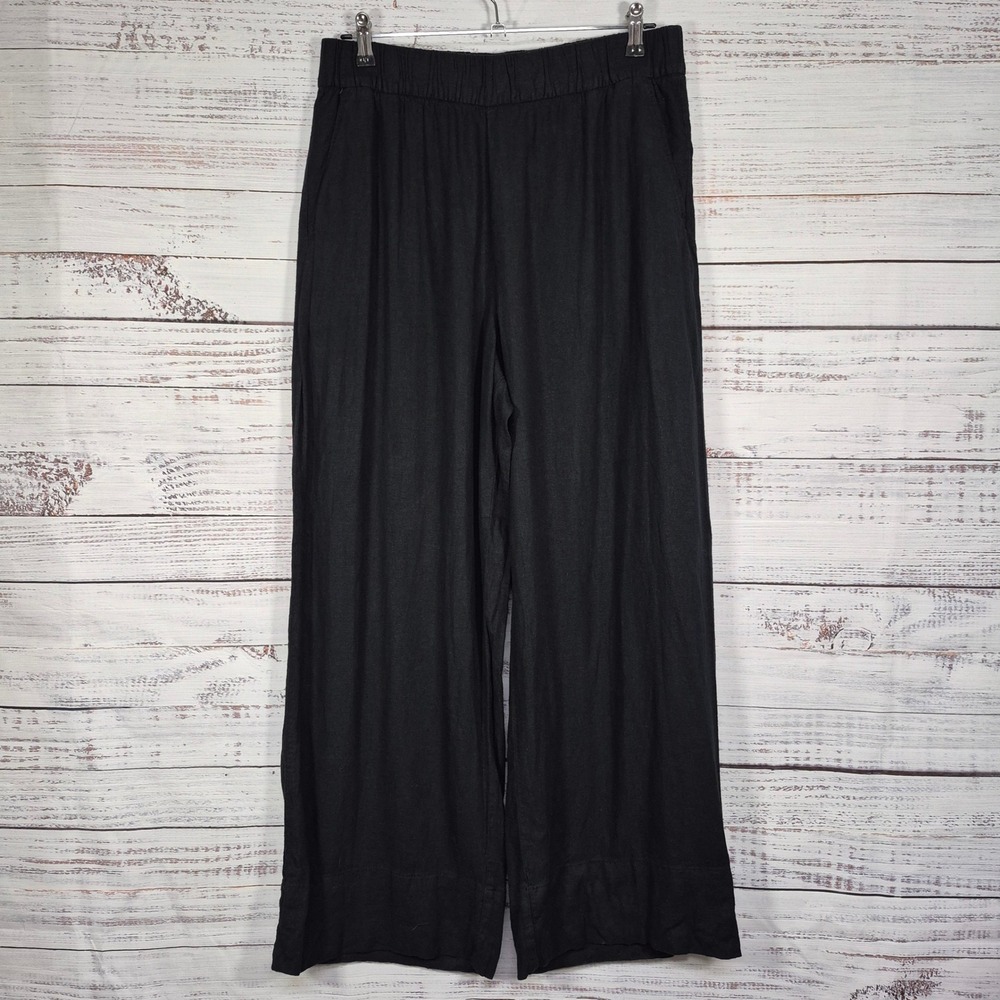 Gap Women Black Linen Blend Wide Leg Pants Elastic Waist Tall Medium